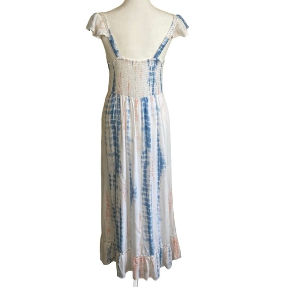 JAPNA Tie Dye Smocked Crochet Maxi Dress Ruffled Cap Sleeves White/Blue/Pink M - Picture 9 of 15